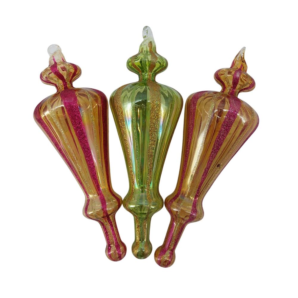 (3) Vtg Art Blown Glass Drop Christmas Ornament Pink Green